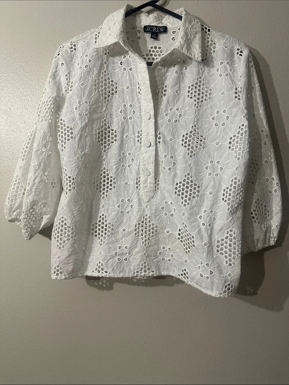 J. Crew White Eyelet Button-Down Popover Shirt Sz XS